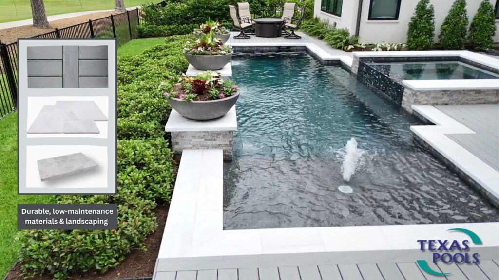The Woodlands pool build with durable, low-maintenance pool materials and landscaping.