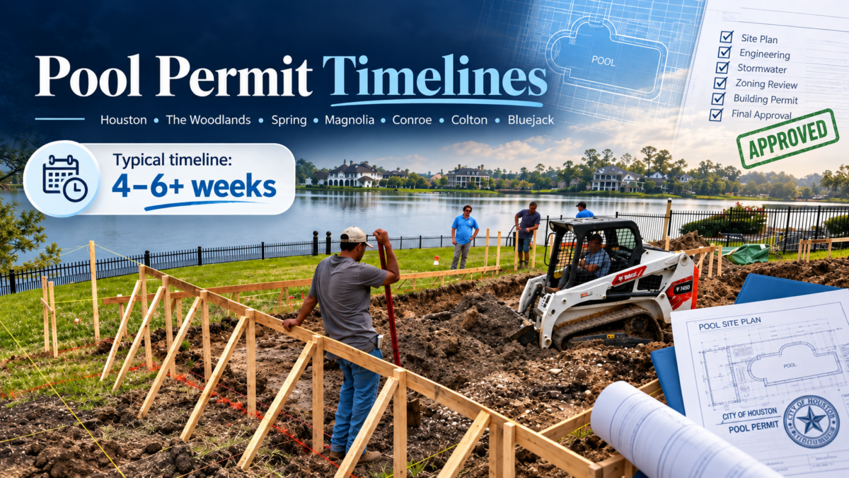 Pool permit timeline for Houston, The Woodlands, Spring, Magnolia, and Conroe showing a 4–6+ week planning estimate