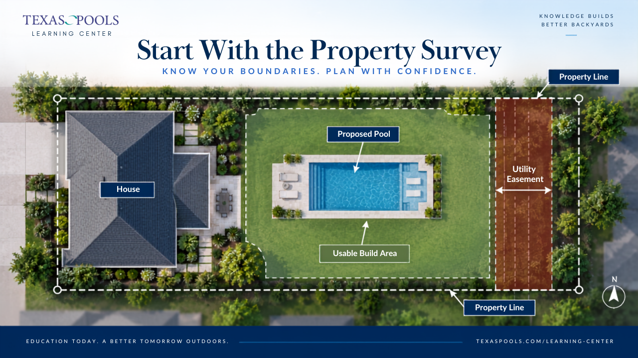Property survey showing utility easement, property lines, proposed pool, and usable build area