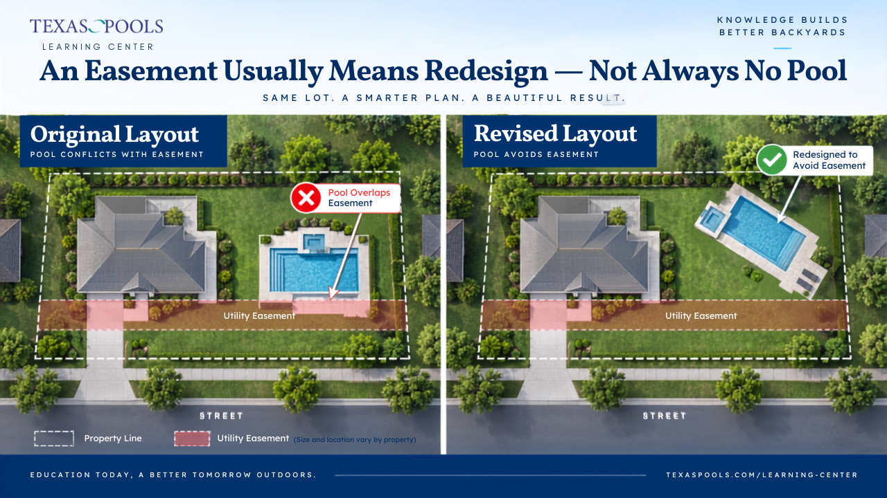 Property survey illustration showing a proposed swimming pool, property lines, utility easement, and usable build area